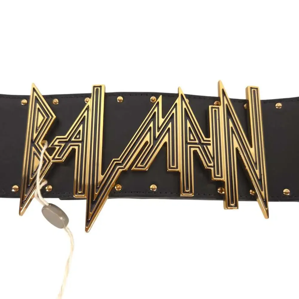Balmain Statement Logo Lion Head Stud Leather Belt US XS FR 34 Womens Black Gold